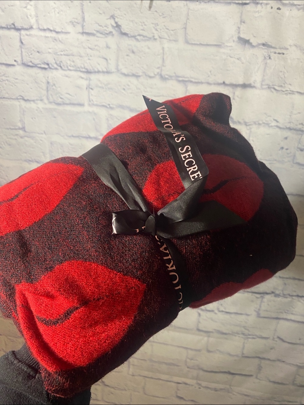 Victoria's Secret Black Plush Throw with Red Lip Motif